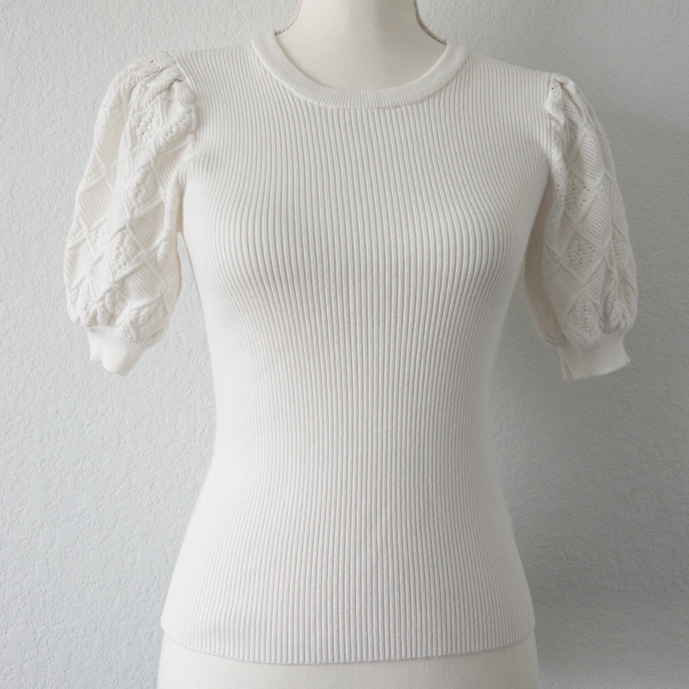 Elie Tahari White Ribbed‎ Knit Puff Sleeve Sweater Top Medium
